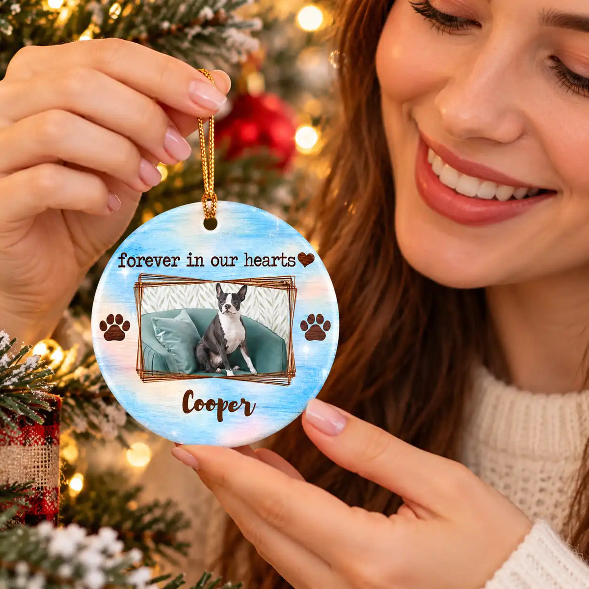 Personalized Pet Memorial Ceramic Ornament – Custom Dog Cat Photo & Name, Forever in Our Hearts Christmas Keepsake Gift