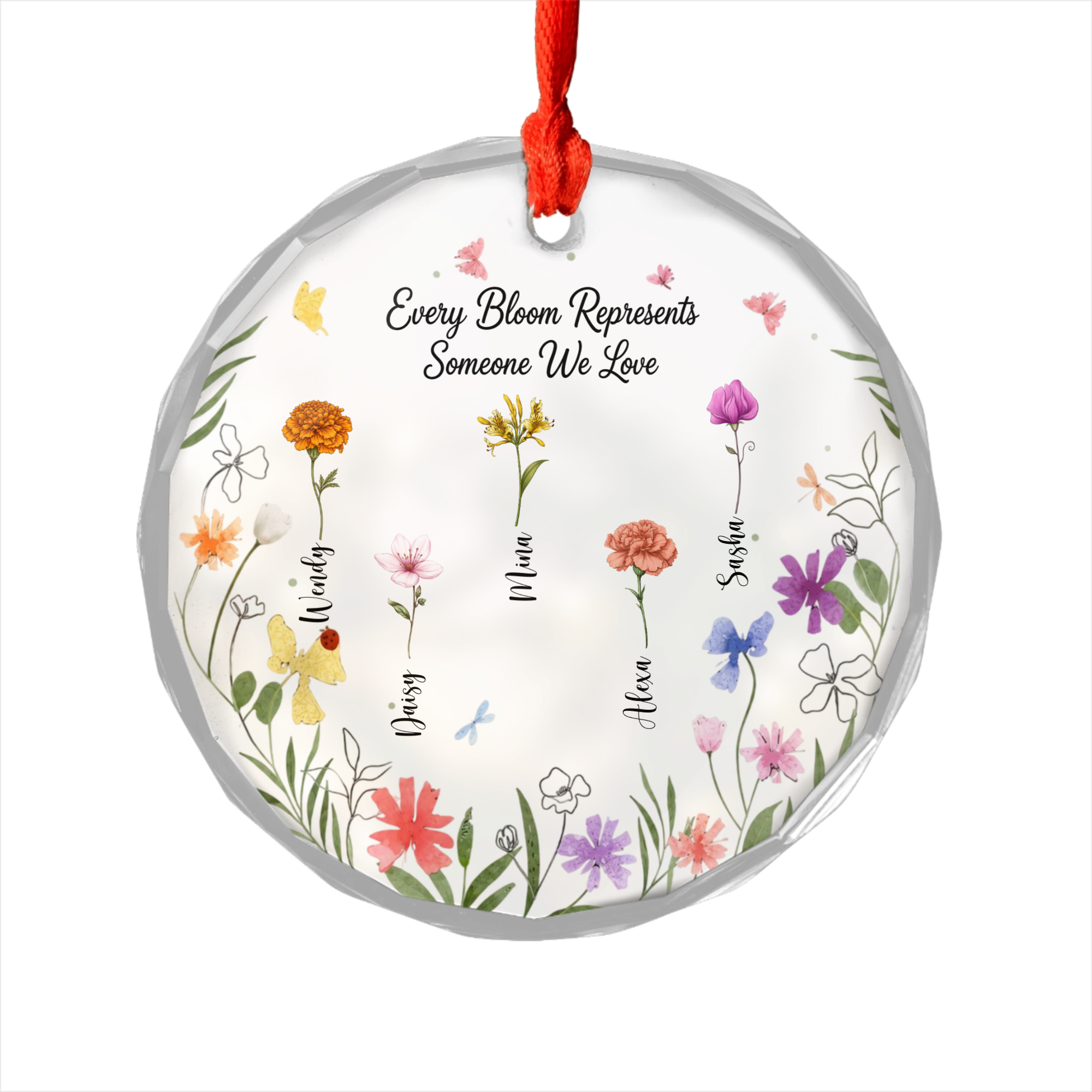 Personalized Family Flower Glass Ornament with Custom Names – Every Bloom Represents Someone We Love Keepsake Gift