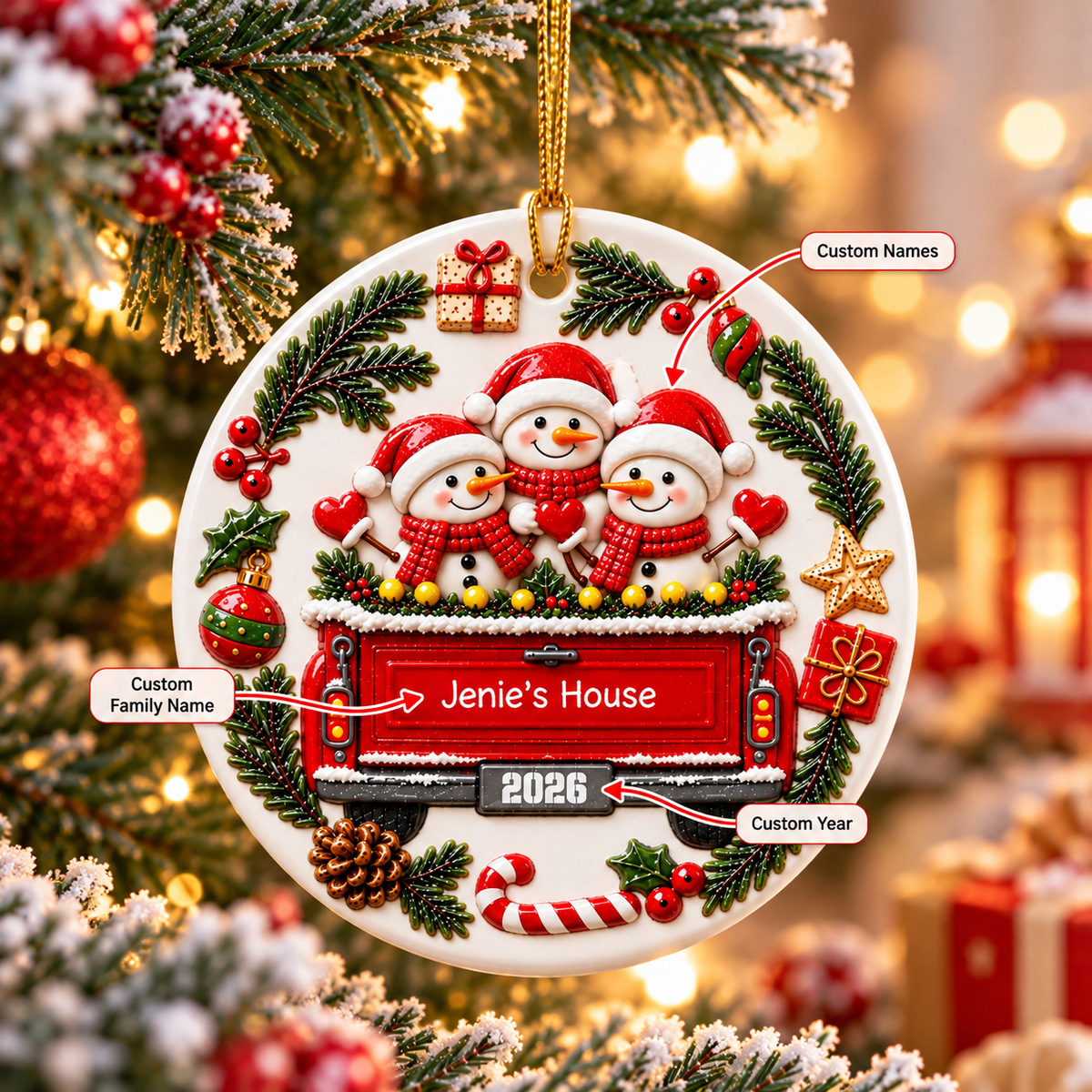 Personalized Snowman Family Christmas Ornament, Custom Family Names 3D Relief Ceramic Ornament, Christmas Truck Keepsake, Family Gift