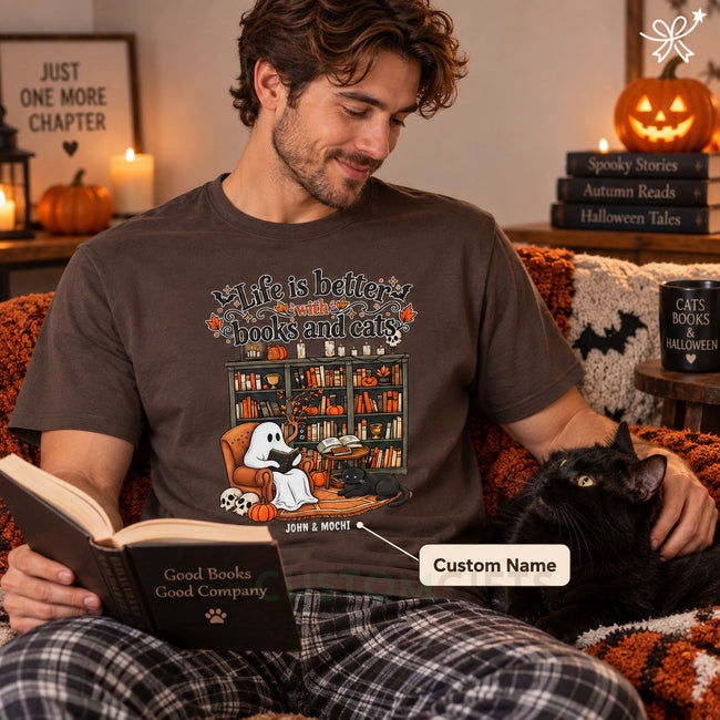 Book Lover Gifts, Cat Lover Gifts, Custom Pet Gifts, Personalized Pet Gifts- Halloween Life is Better with Books and Cats Unisex T-shirt Hover Image