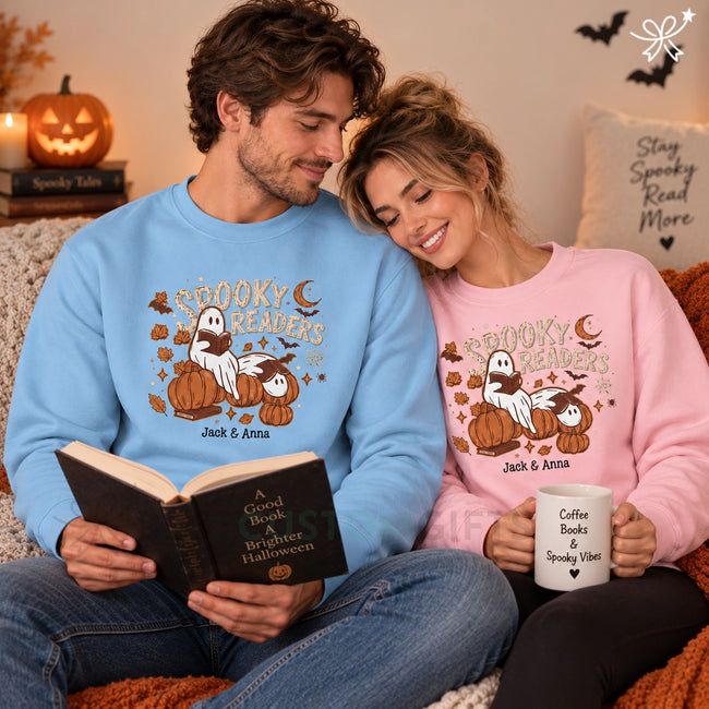 Book Lover Gifts, Presents for Readers, Gifts for Readers- Spooky Readers Book Custom Name Unisex Sweatshirt Hover Image