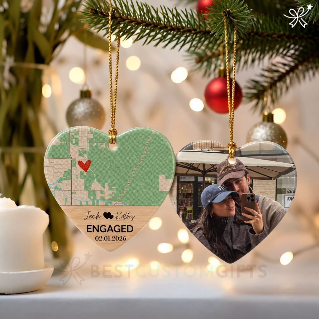 Personalized Engagement Ornament, Christmas Ornament, Personalized Christmas Ornaments- Heart-shaped Ceramic Ornament