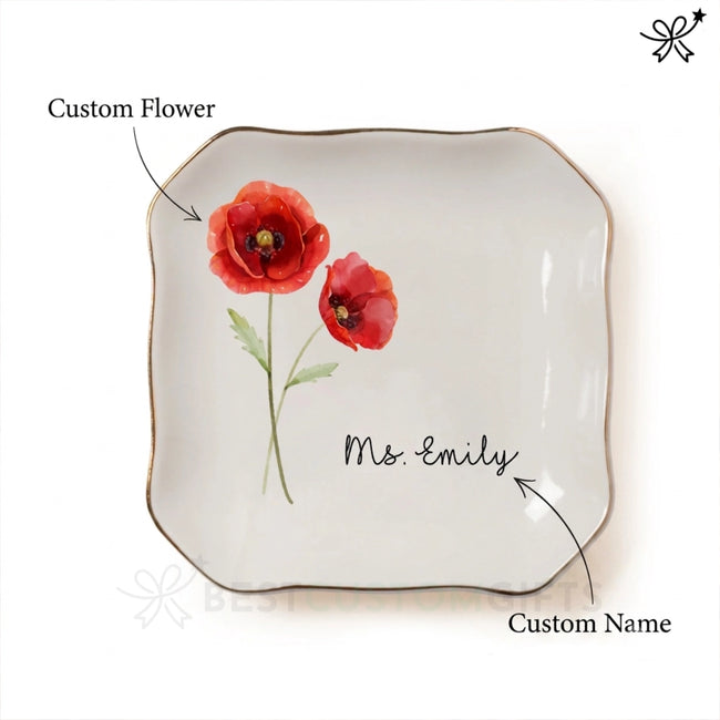 Personalized Jewelry Dish with Birth Flower & Custom Name Hover Image