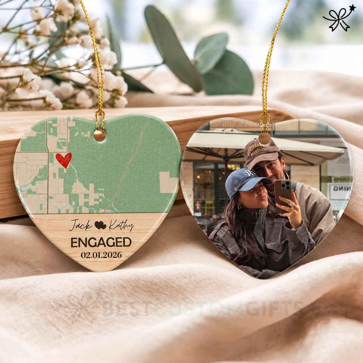 Personalized Engagement Ornament, Christmas Ornament, Personalized Christmas Ornaments- Heart-shaped Ceramic Ornament