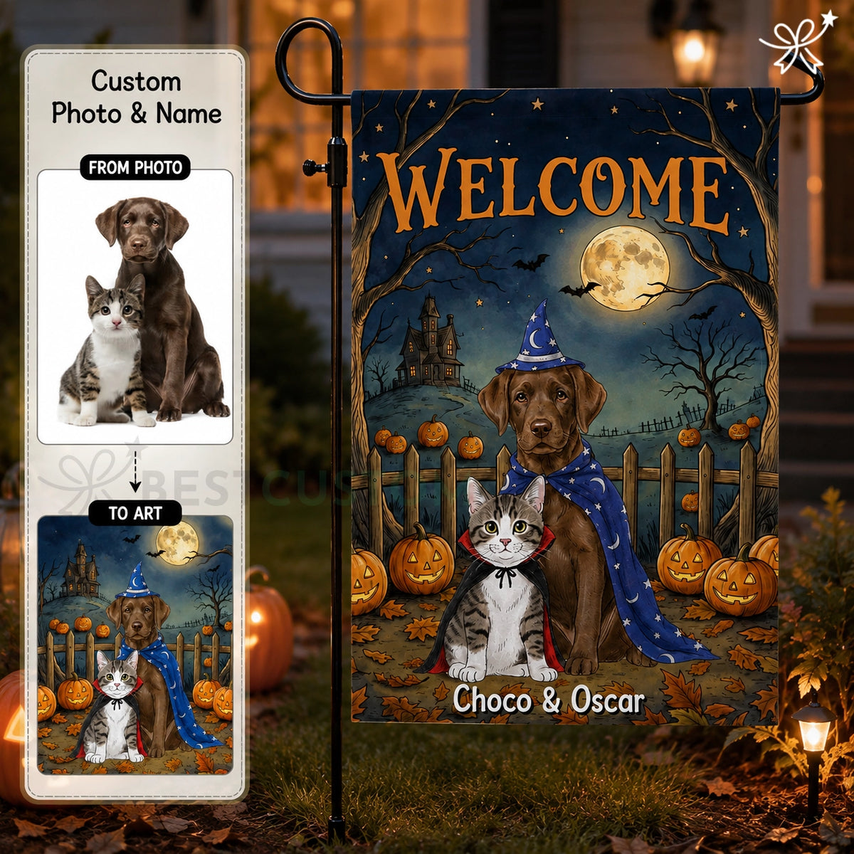 Dog Cat Halloween Night Custom Photo Dog - Personalized Garden Flag - Halloween Gift For Dog Mom, Cat Mom