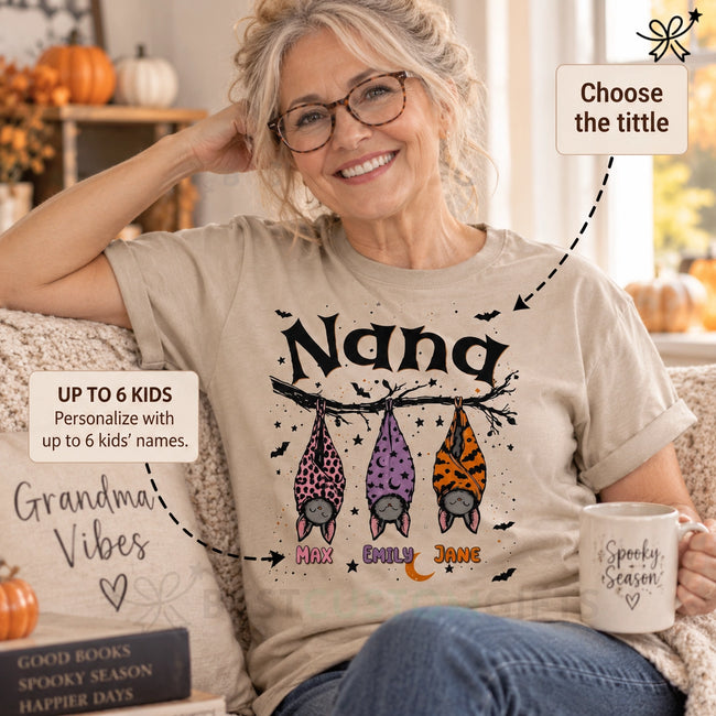 Presents for Grandma, Gifts for Grandparent, Personalized Halloween Shirt –  Grandma’s Little Bat Crew Hover Image
