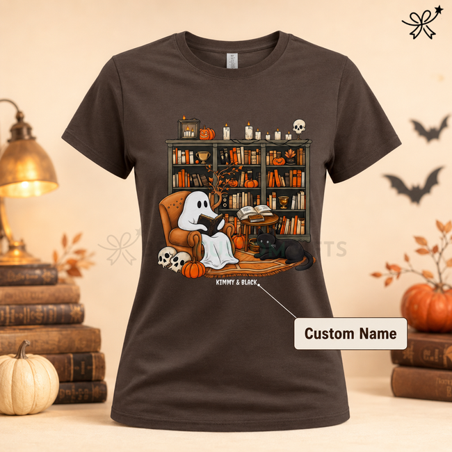 Halloween Ghost Reading Books With Black Cat Unisex T-shirt Main Image