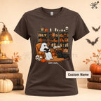 Book Lover Gifts, Cat Lover Gifts, Custom Pet Gifts, Personalized Pet Gifts- Halloween Ghost Reading Books With Black Cat Unisex T-shirt