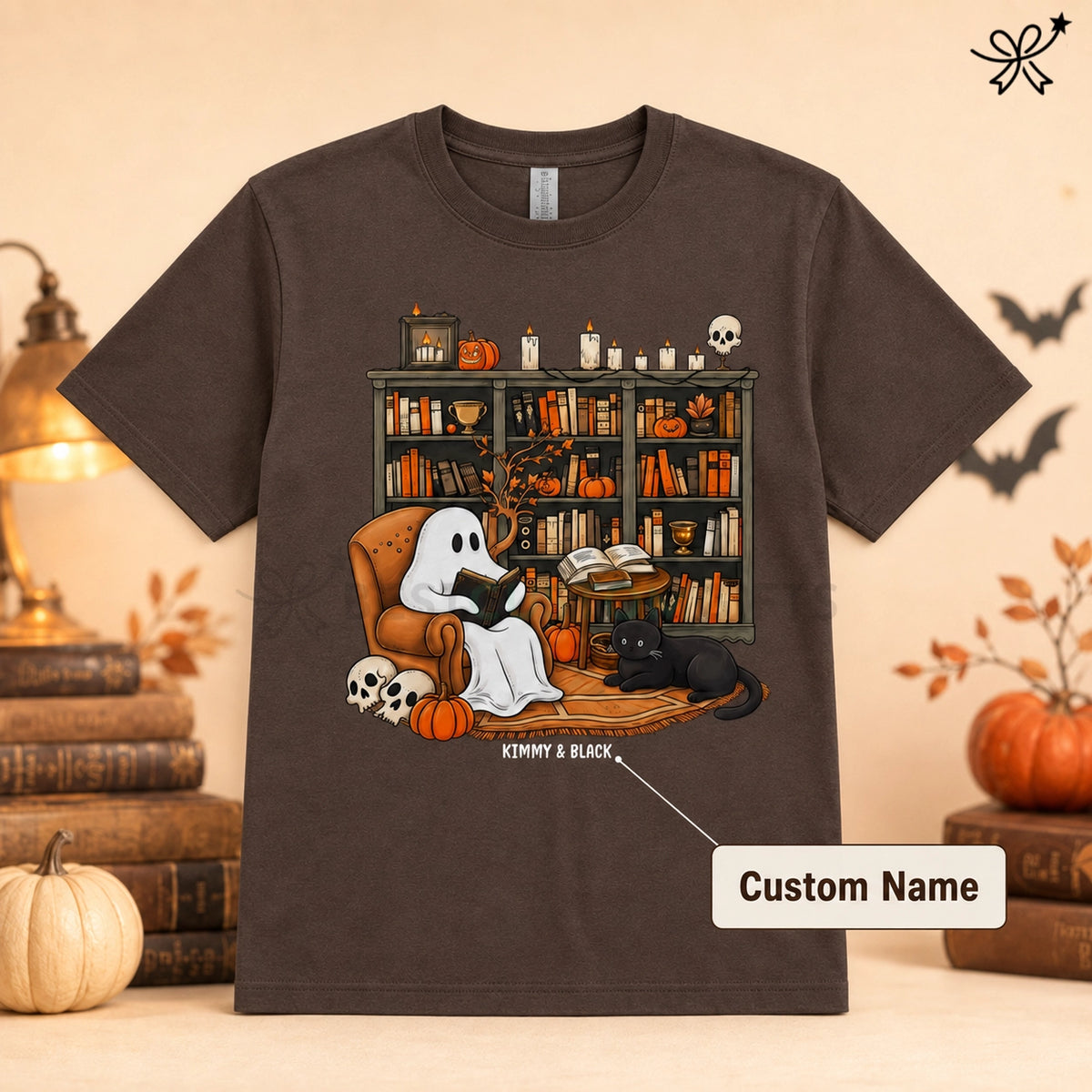 Book Lover Gifts, Cat Lover Gifts, Custom Pet Gifts, Personalized Pet Gifts- Halloween Ghost Reading Books With Black Cat Unisex T-shirt
