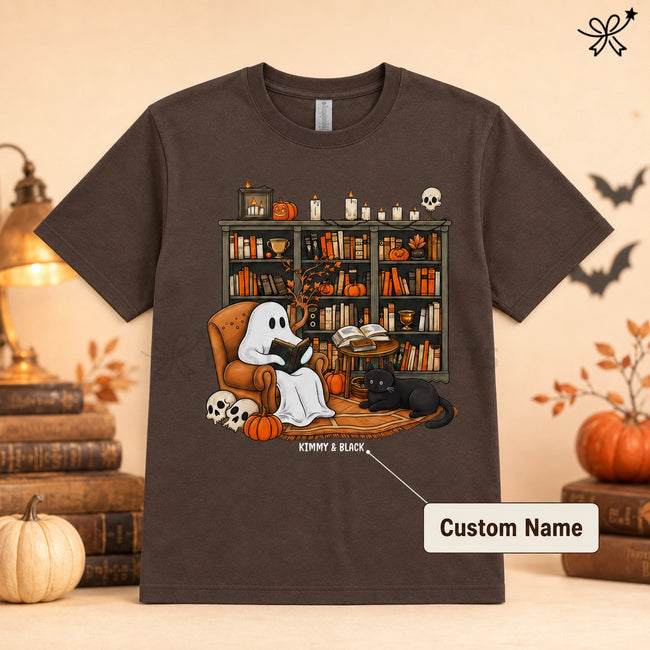 Book Lover Gifts, Cat Lover Gifts, Custom Pet Gifts, Personalized Pet Gifts- Halloween Ghost Reading Books With Black Cat Unisex T-shirt Main Image