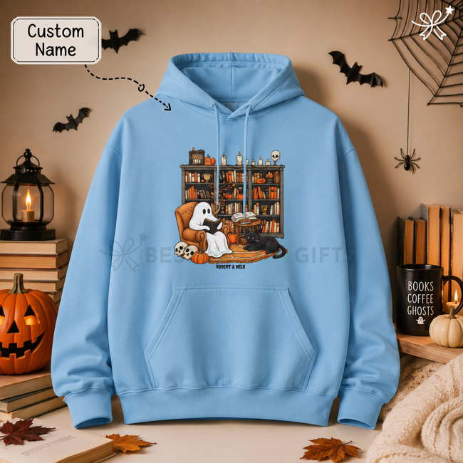 Halloween Ghost Reading Books With Black Cat Unisex Hoodie Hover Image