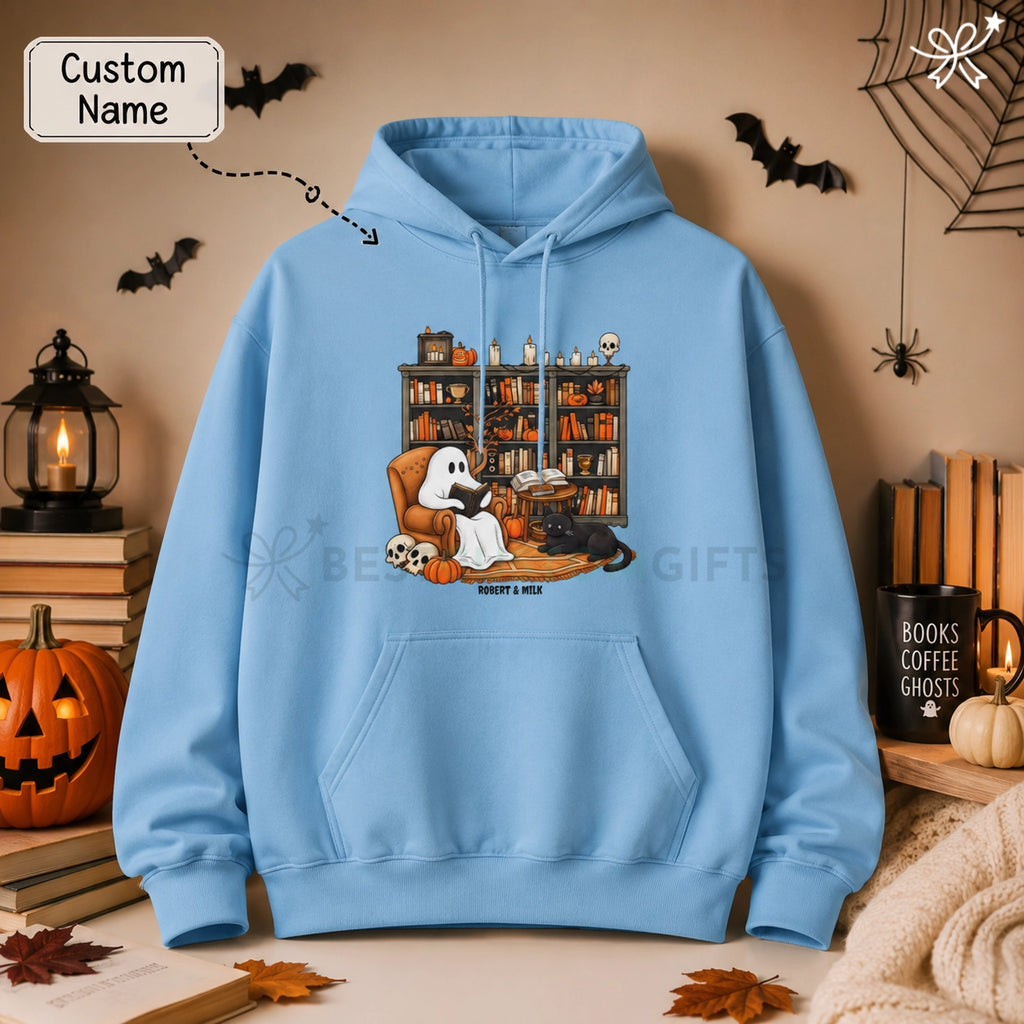 Book Lover Gifts, Dog Lover Gifts, Custom Pet Gifts, Personalized Pet Gifts- Halloween Ghost Reading Books With Black Cat Unisex Hoodie