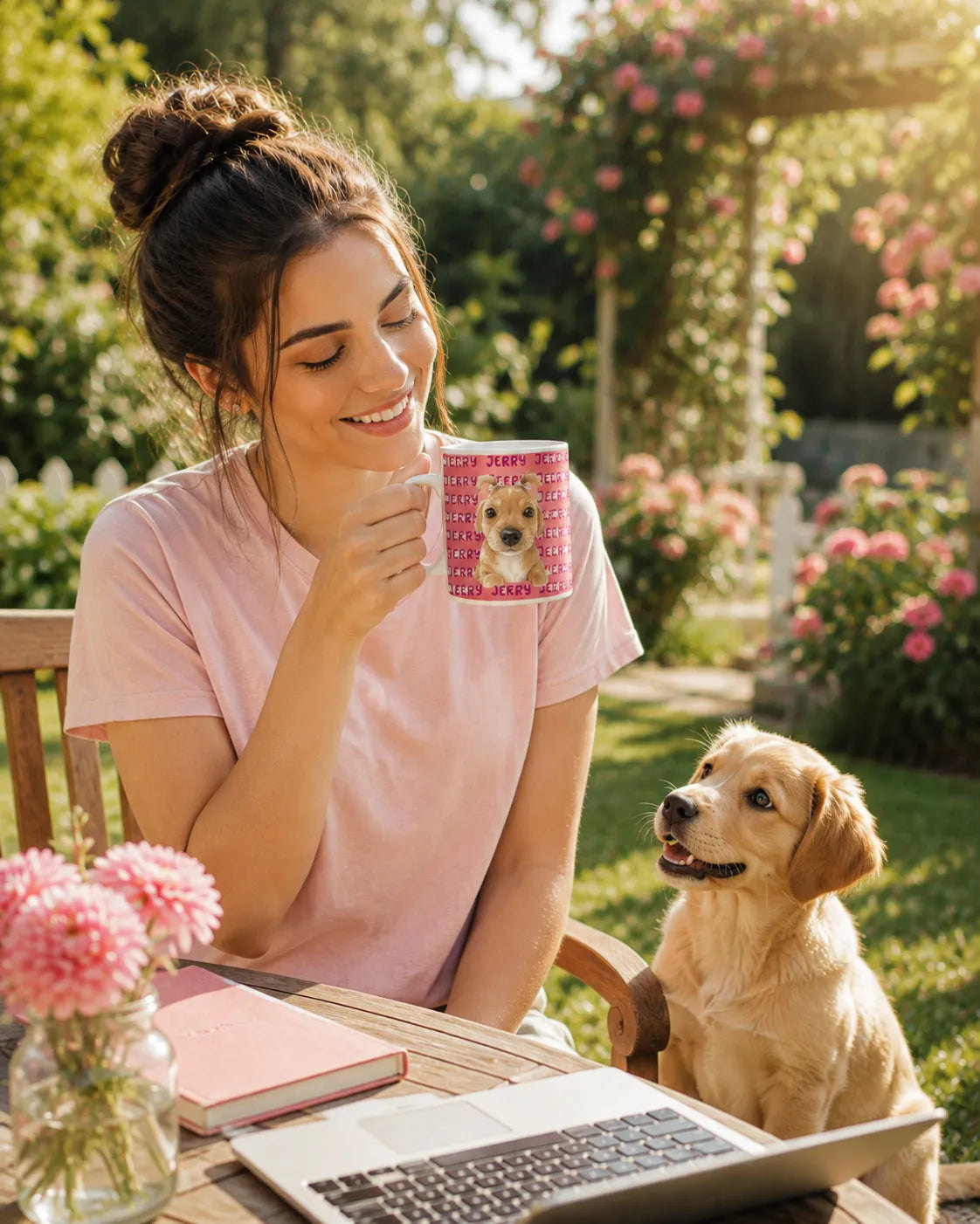 A woman in a pink t-shirt sits at a wooden table in a sunny garden, holding a pink mug with a dog portrait. A golden retriever dog sits beside her on the chair, looking at the mug.
