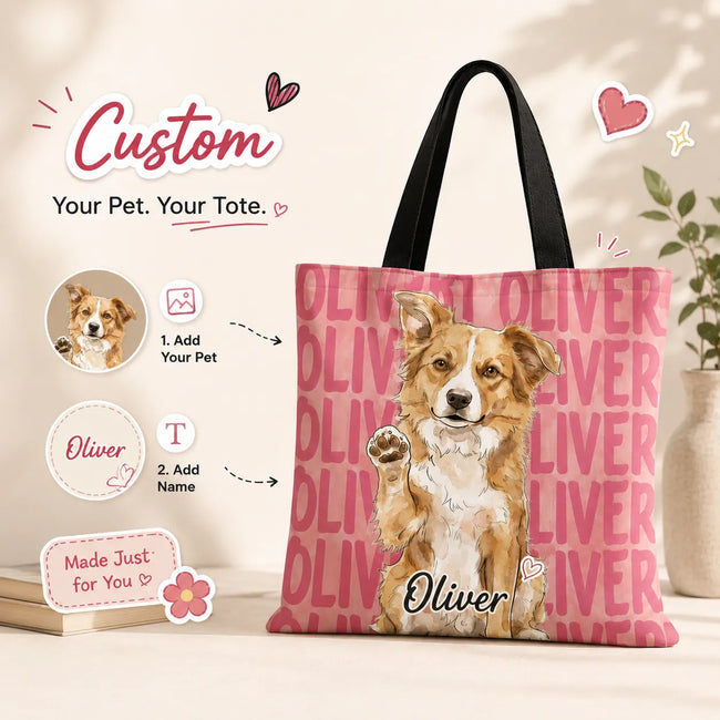 Custom Tote Bag – Personalized Pet Portrait & Name, Watercolor Style Lined Tote Bag, Gift for Pet Lovers Hover Image