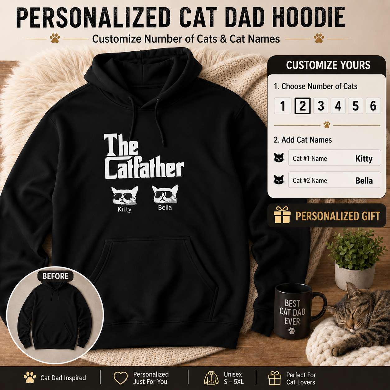 Personalized Cat Dad Unisex Hoodie – Custom Number of Cats & Cat Names Gift