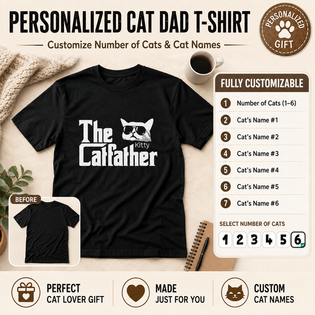 Personalized Cat Dad Unisex T-Shirt – Custom Number of Cats & Cat Names Gift Hover Image