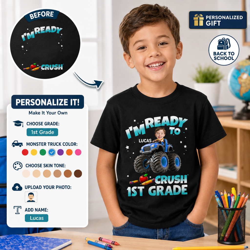 Personalized Monster Truck Kid Face, Grade, Name & Skin Tone Youth T-Shirt – Back To School Custom Shirt