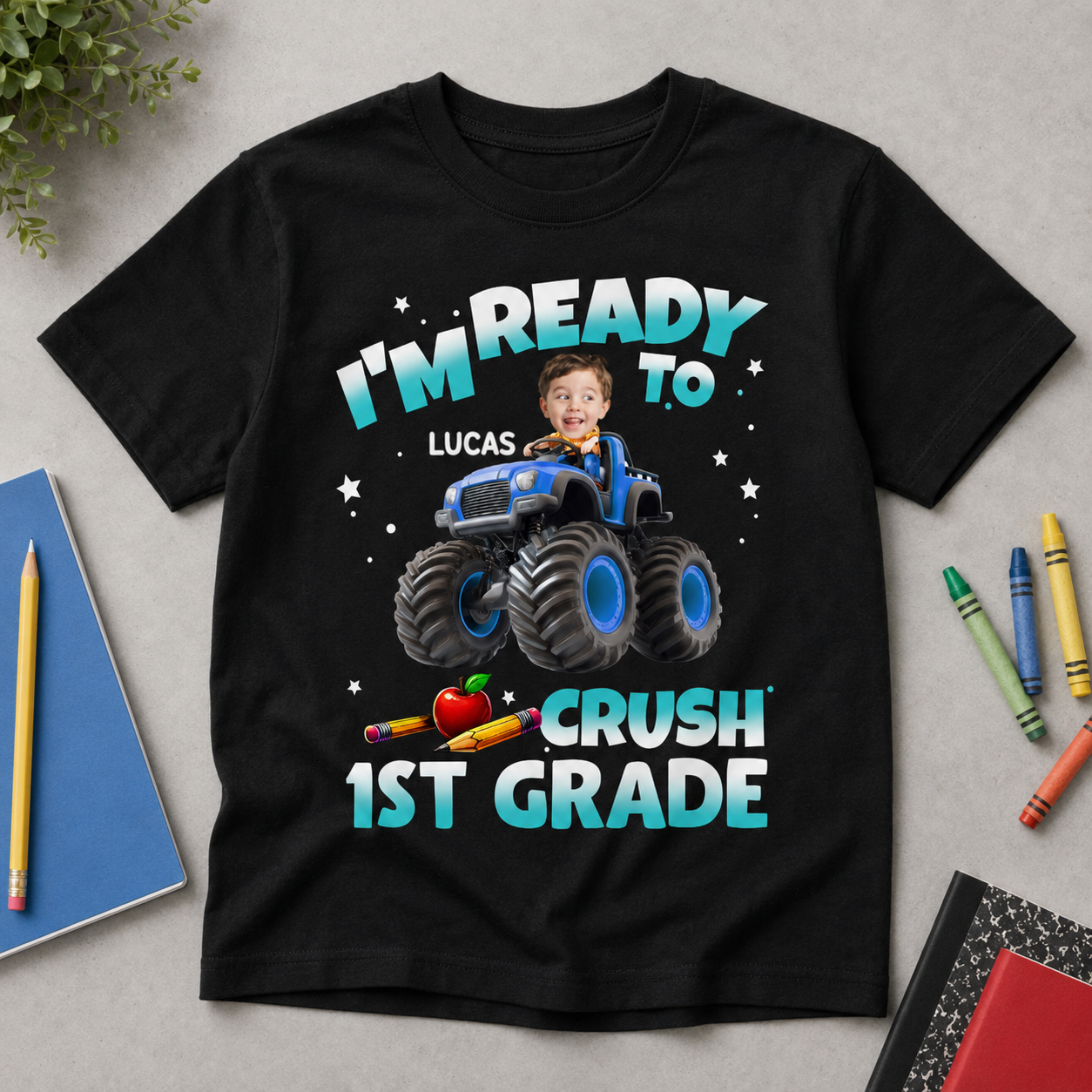 Personalized Monster Truck Kid Face, Grade, Name & Skin Tone Youth T-Shirt – Back To School Custom Shirt