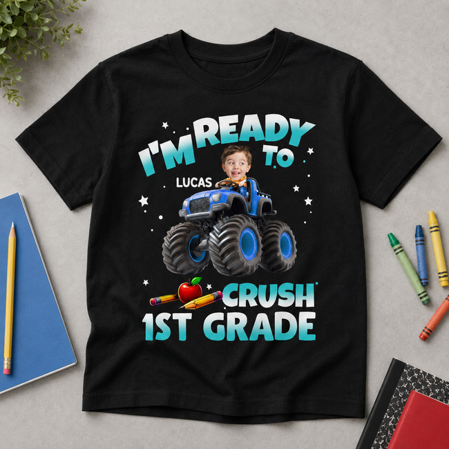 Personalized Monster Truck Kid Face, Grade, Name & Skin Tone Youth T-Shirt – Back To School Custom Shirt Main Image