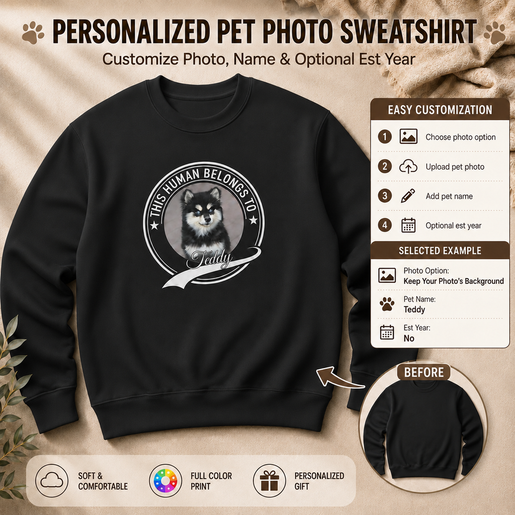 Personalized Pet Photo, Background, Name & Optional Est Year Unisex Sweatshirt – Custom Dog or Cat Owner Gift
