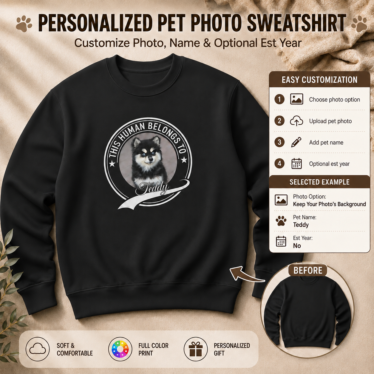 Personalized Pet Photo, Background, Name & Optional Est Year Unisex Sweatshirt – Custom Dog or Cat Owner Gift