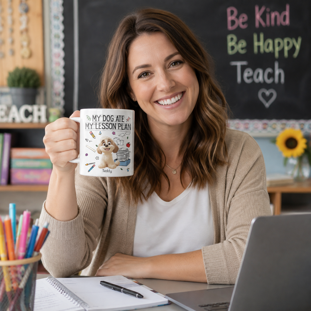 Personalized Teacher Dog Breed, Illustration & Name Ceramic Mug 11oz – My Dog Ate My Lesson Plan Custom Gift