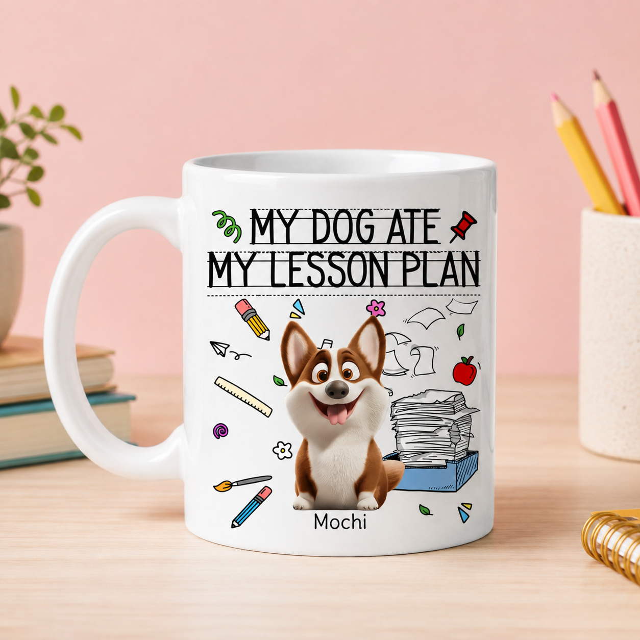 Personalized Teacher Dog Breed, Illustration & Name Ceramic Mug 11oz – My Dog Ate My Lesson Plan Custom Gift