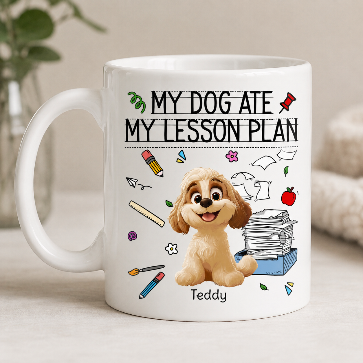 Personalized Teacher Dog Breed, Illustration & Name Ceramic Mug 11oz – My Dog Ate My Lesson Plan Custom Gift