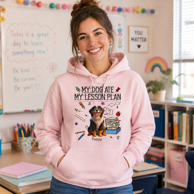 Personalized Teacher Dog Breed & Name Unisex Hoodie – My Dog Ate My Lesson Plan Custom Pullover Main Image