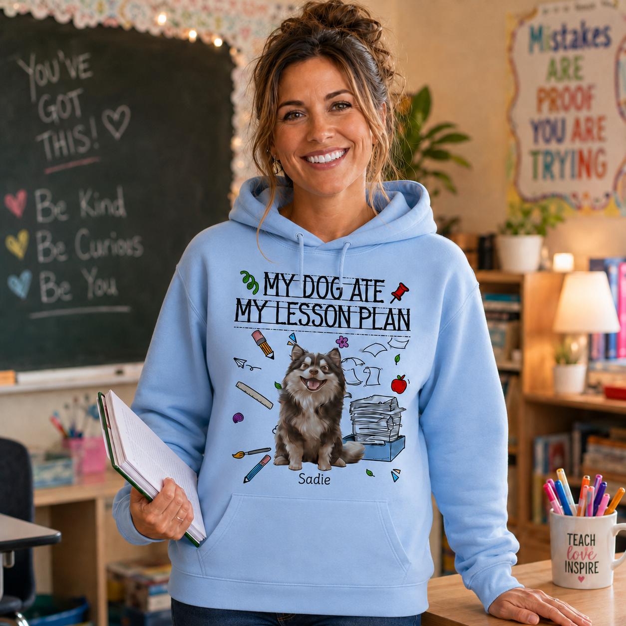 Personalized Teacher Dog Breed & Name Unisex Hoodie – My Dog Ate My Lesson Plan Custom Pullover