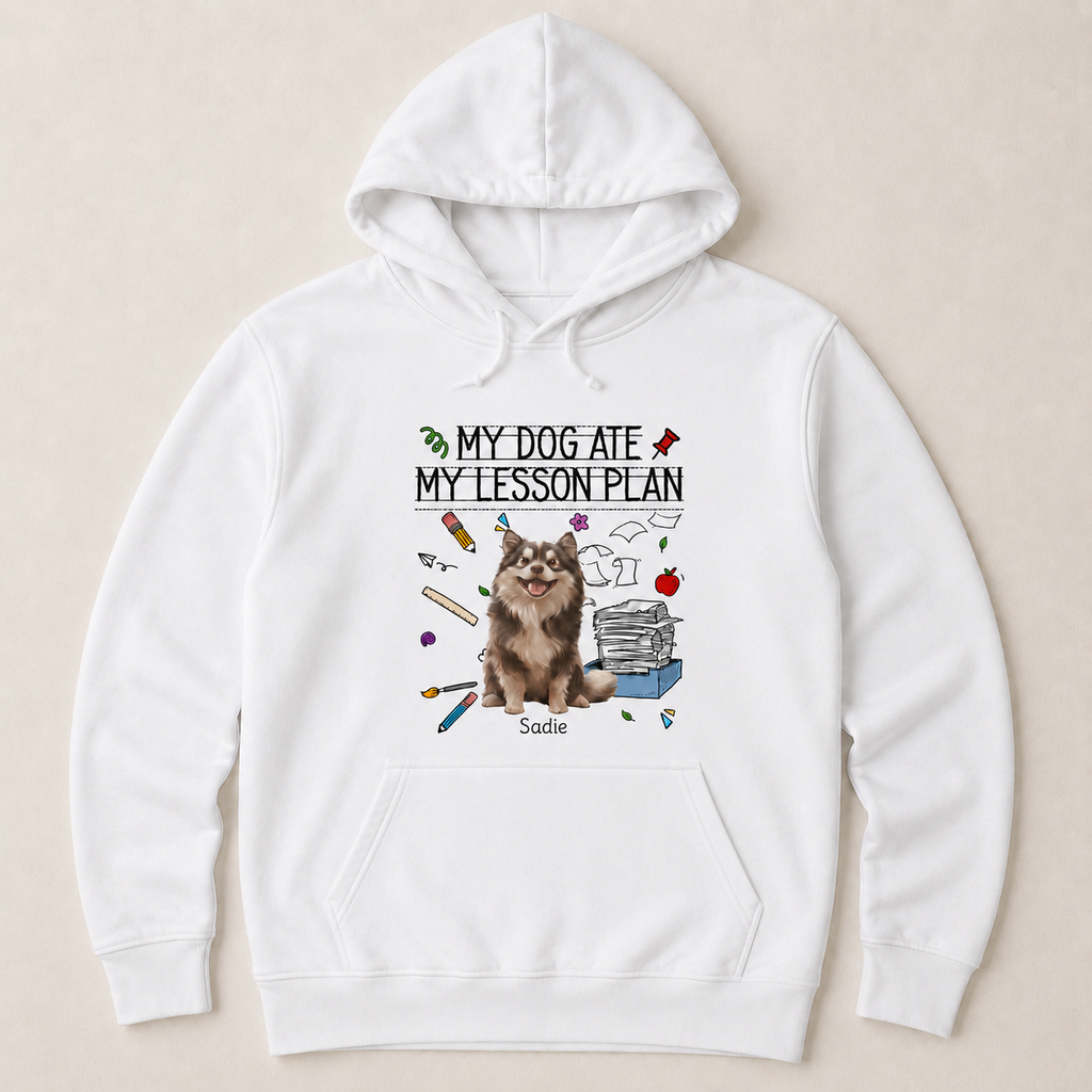 Personalized Teacher Dog Breed & Name Unisex Hoodie – My Dog Ate My Lesson Plan Custom Pullover