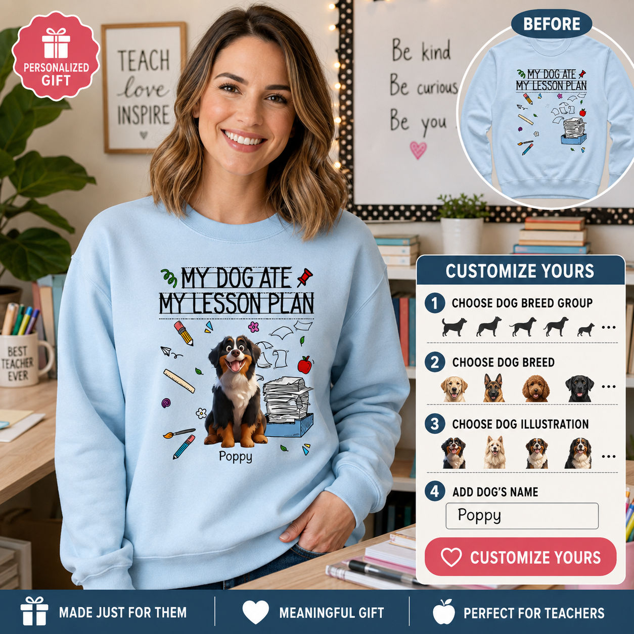 Personalized Teacher Dog Breed & Name Unisex Sweatshirt – My Dog Ate My Lesson Plan Custom Crewneck