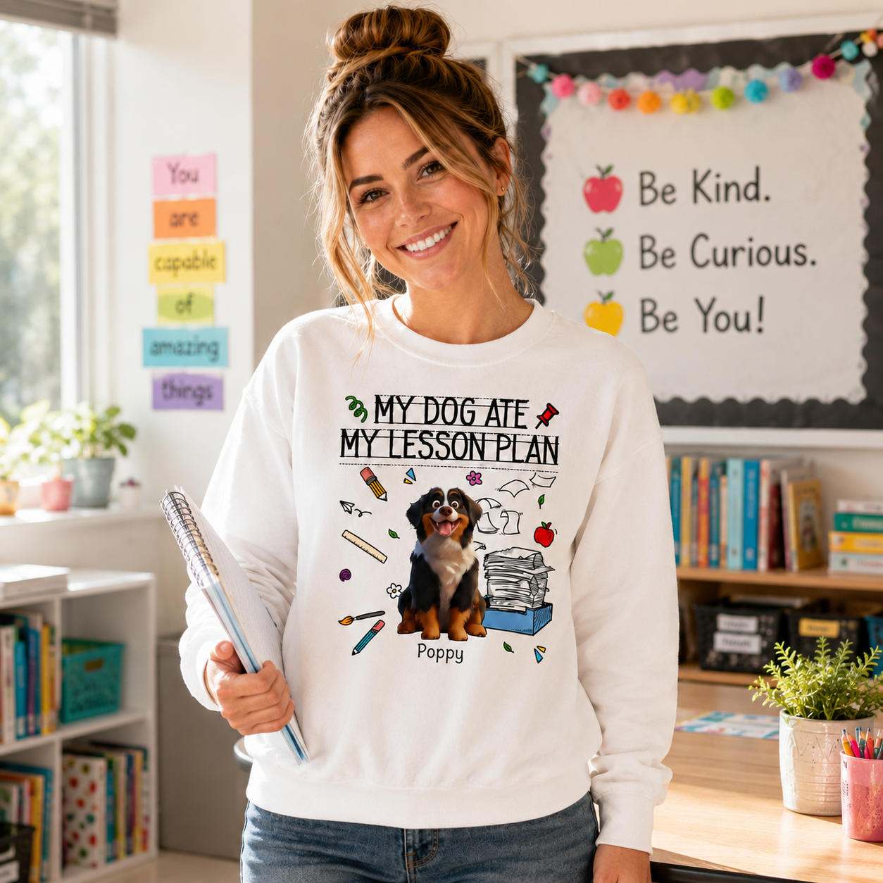 Personalized Teacher Dog Breed & Name Unisex Sweatshirt – My Dog Ate My Lesson Plan Custom Crewneck