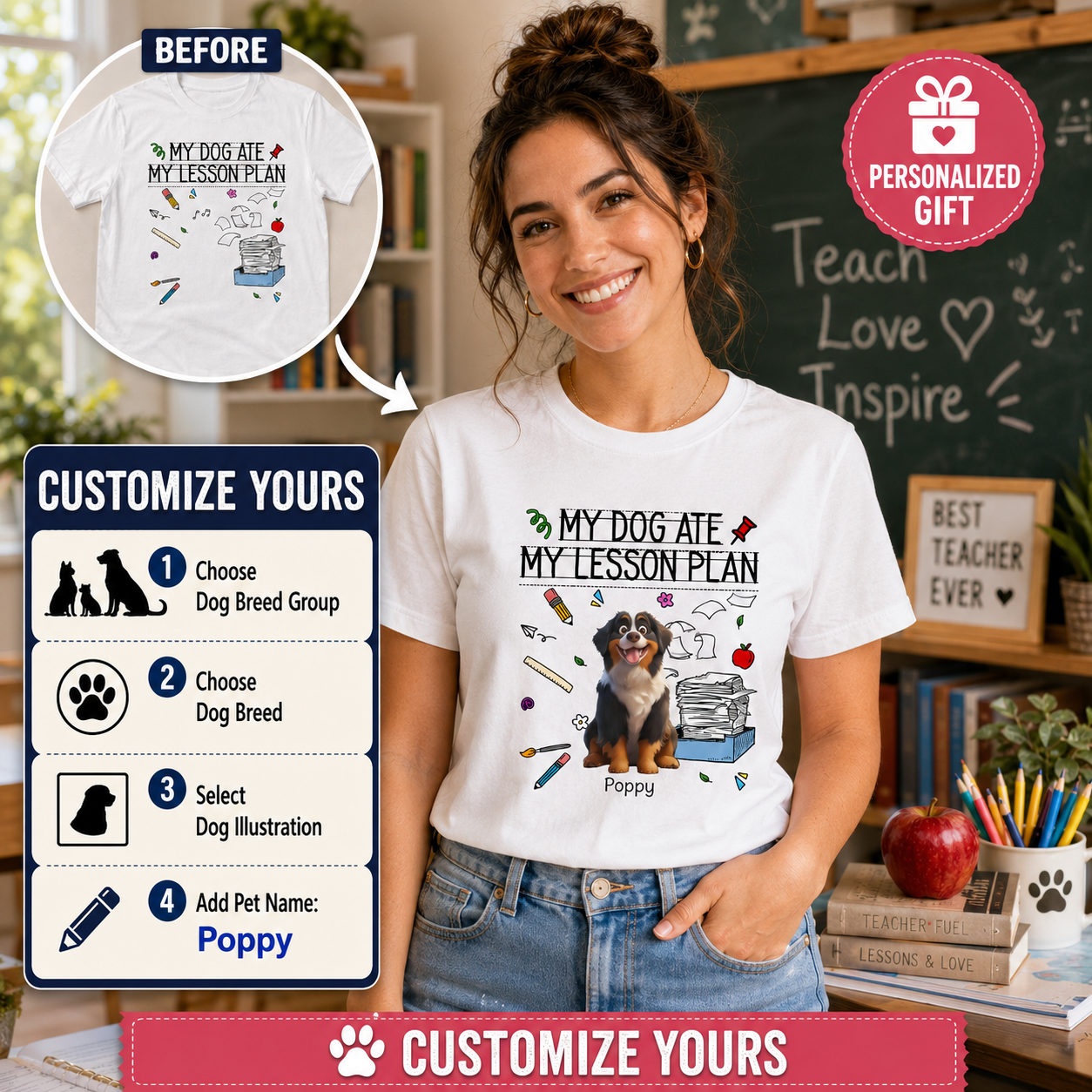 Personalized Teacher Dog Breed & Name Unisex T-Shirt – My Dog Ate My Lesson Plan Shirt