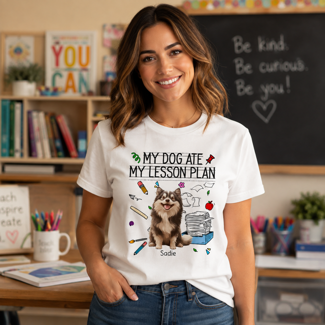 Personalized Teacher Dog Breed & Name Unisex T-Shirt – My Dog Ate My Lesson Plan Shirt Main Image