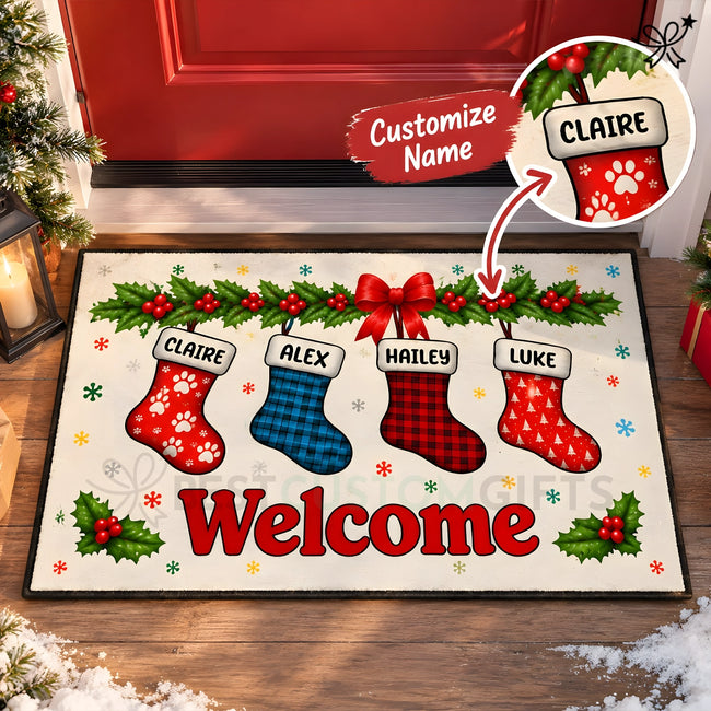 Personalized Christmas Doormat, Welcome Mat  – Custom Welcome Mat, Custom Family Doormat with Stockings Hover Image
