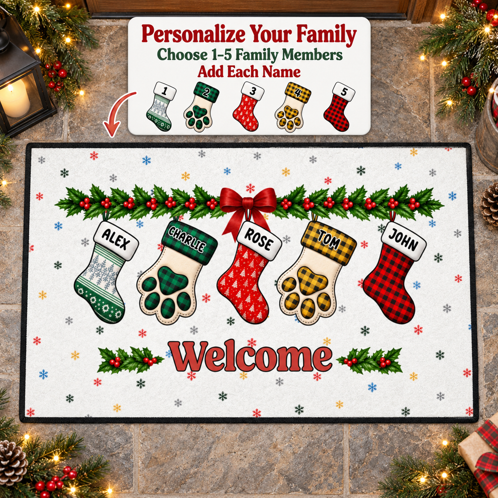 Personalized Christmas Doormat, Welcome Mat  – Custom Welcome Mat, Custom Family Doormat with Stockings