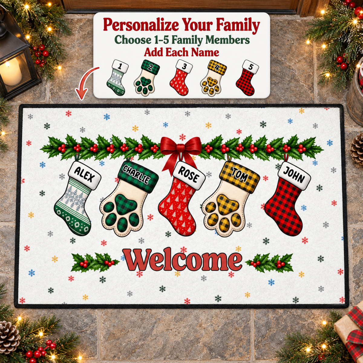 Personalized Christmas Doormat, Welcome Mat  – Custom Welcome Mat, Custom Family Doormat with Stockings