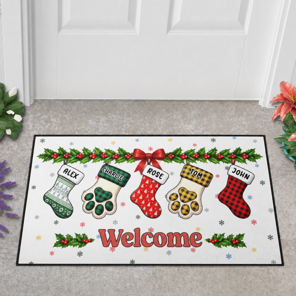 Personalized Christmas Doormat, Welcome Mat  – Custom Welcome Mat, Custom Family Doormat with Stockings