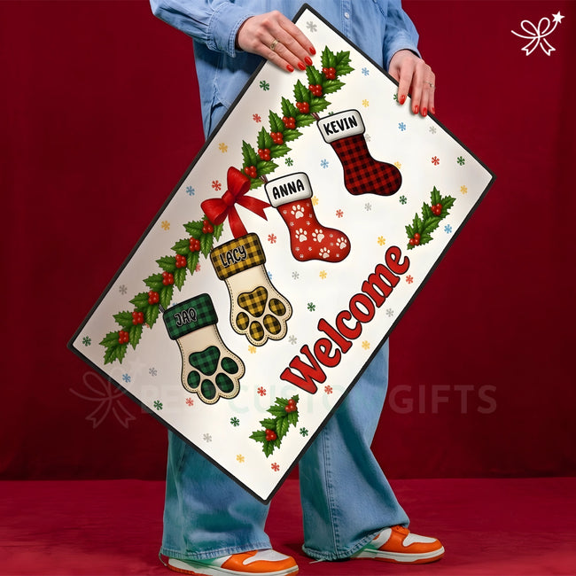Personalized Christmas Doormat, Welcome Mat  – Custom Welcome Mat, Custom Family Doormat with Stockings Main Image