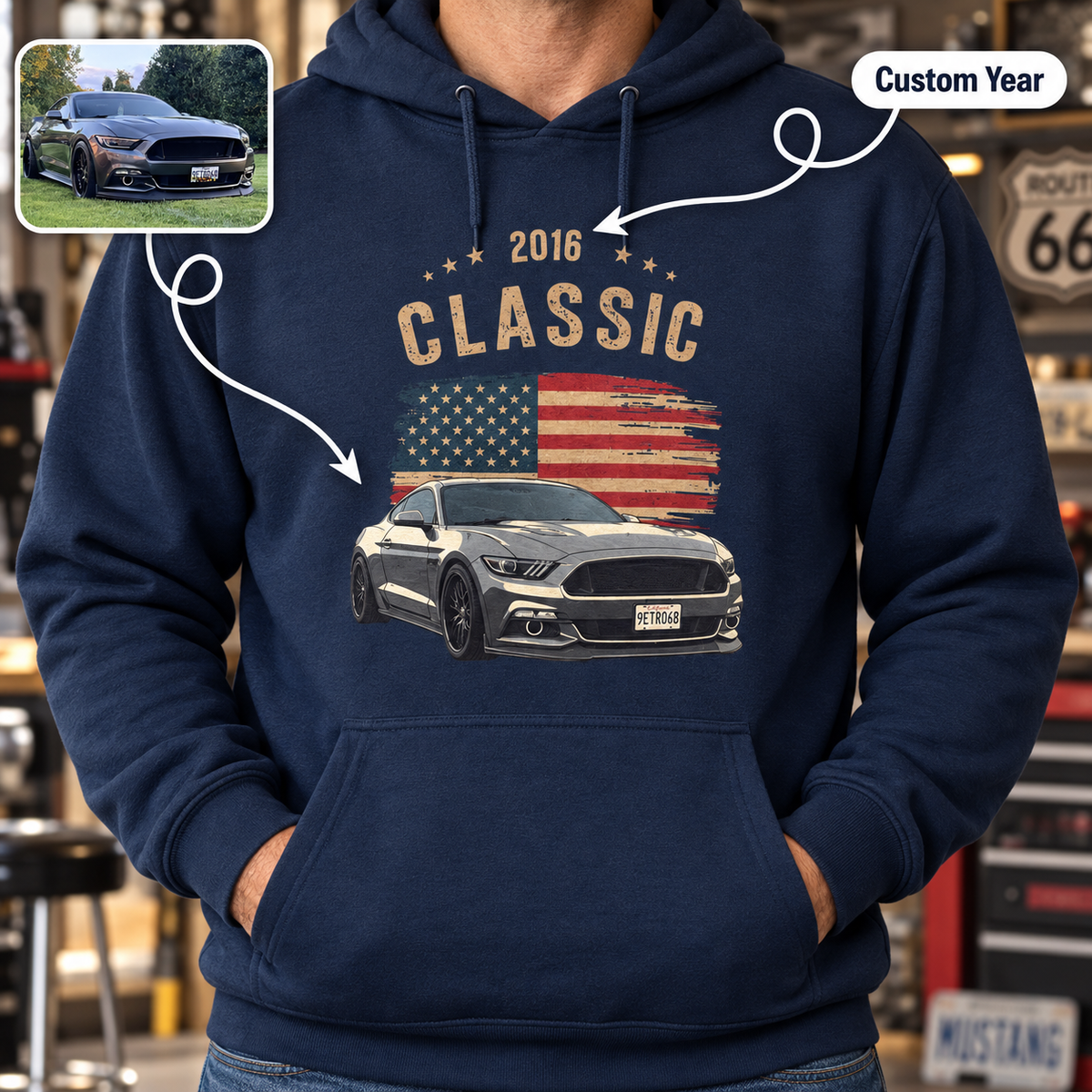Personalized Classic Car Hoodie – Custom Photo, Year & Flag Retro Design