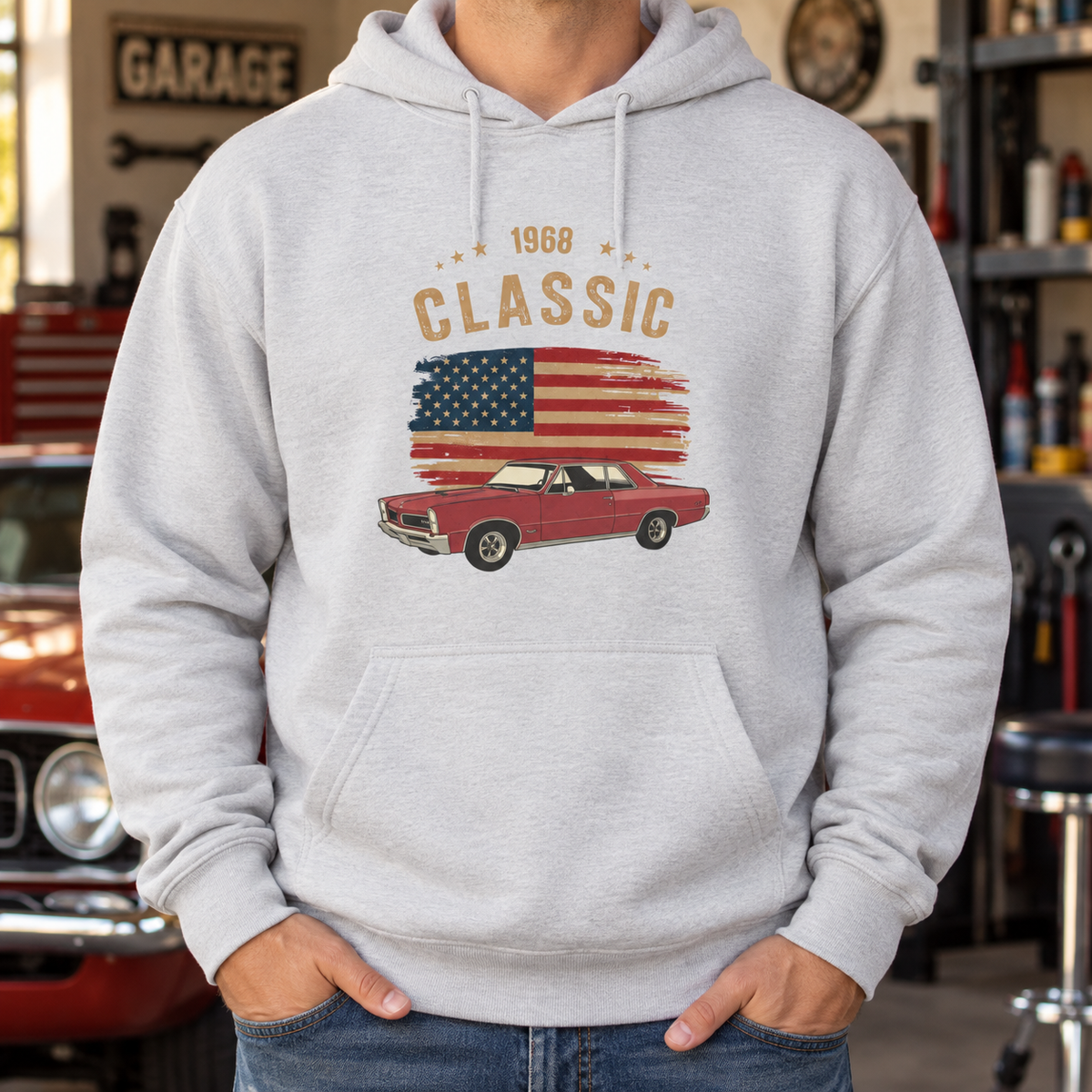 Personalized Classic Car Hoodie – Custom Photo, Year & Flag Retro Design