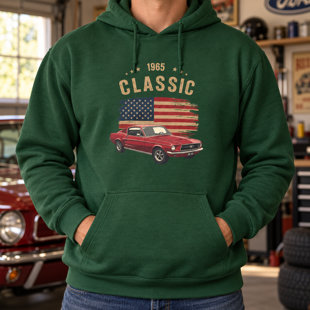 Personalized Classic Car Hoodie – Custom Photo, Year & Flag Retro Design