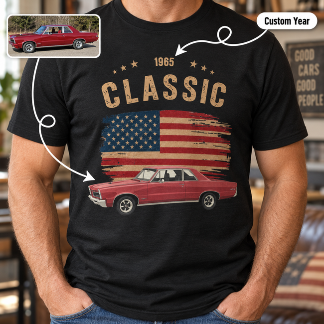 Personalized Classic Car Shirt with Custom Photo, Year & Flag – Retro T-Shirt for Car Lovers Hover Image