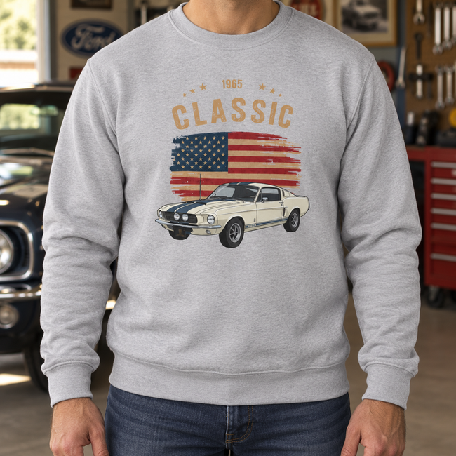 Personalized Classic Car Sweatshirt – Custom Photo, Year & Flag Retro Design Main Image