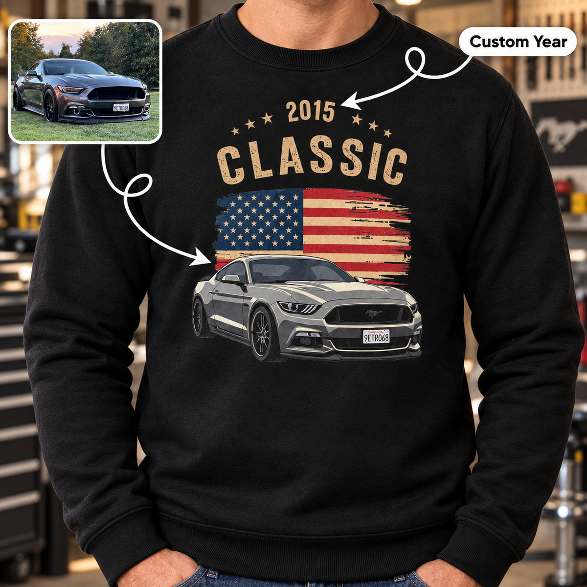 Personalized Classic Car Sweatshirt – Custom Photo, Year & Flag Retro Design