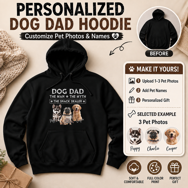 Personalized Dog Dad Photo & Name Unisex Hoodie – Custom 1–3 Pet Images Gift Hover Image