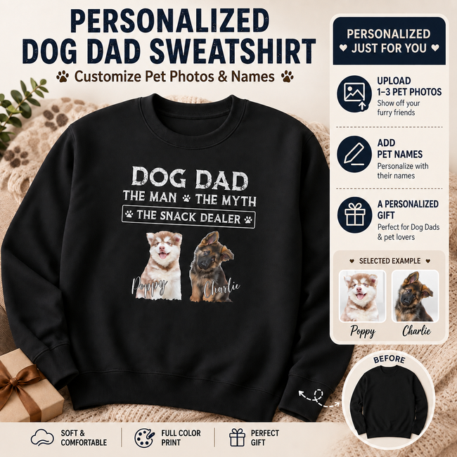 Personalized Dog Dad Photo & Name Unisex Sweatshirt – Custom 1–3 Pet Images Gift Hover Image