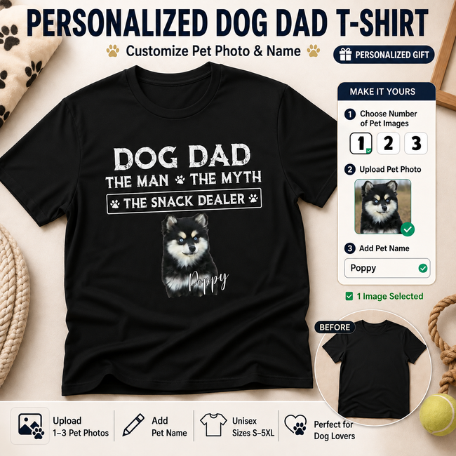 Personalized Dog Dad Photo & Name Unisex T-Shirt – Custom 1–3 Pet Images Snack Dealer Gift Hover Image