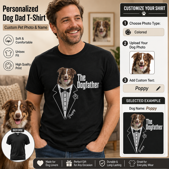 Personalized Dog Dad Photo & Name Unisex T-Shirt – Custom Formal Pet Portrait Gift Hover Image